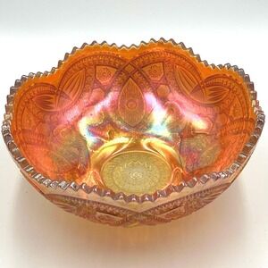 Vintage Imperial‎ Glass Marigold Carnival Hobstar Pattern Fruit Bowl 10" Antique